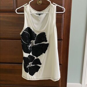 White House Black Market White Top with Black Floral Accent